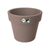 Elho taupe plantenpot met ronde bovenrand en logo op de voorkant
