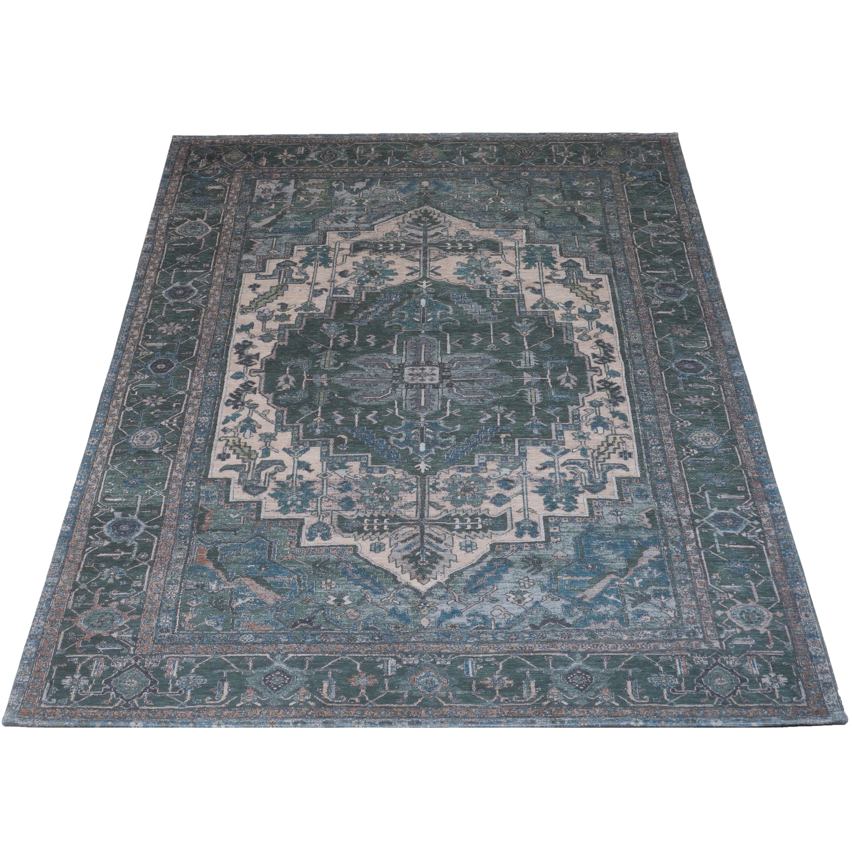 Vloerkleed met klassiek patchworkpatroon, groen en blauw met beige accenten, rechthoekig