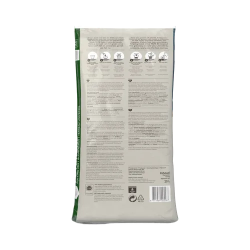Achterzijde van potgrondzak met gebruiksinfo en barcode, 20 L