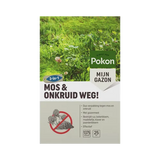 Pokon mos- en onkruidweg doos met afbeelding van groen gras en verpakkingstekst