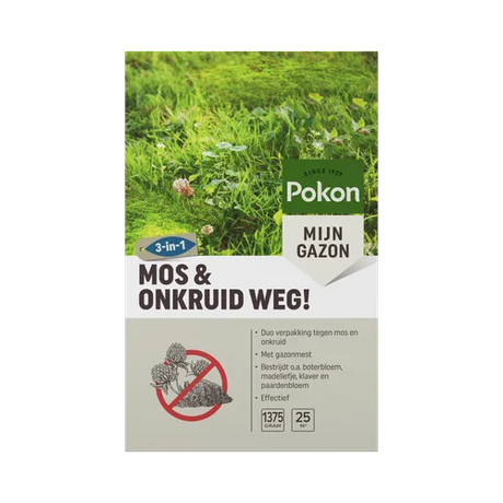 Pokon mos- en onkruidweg doos met afbeelding van groen gras en verpakkingstekst