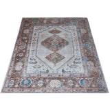 Vloerkleed met beige, blauw en bruin ruit- en medaillonpatroon, rechthoekig