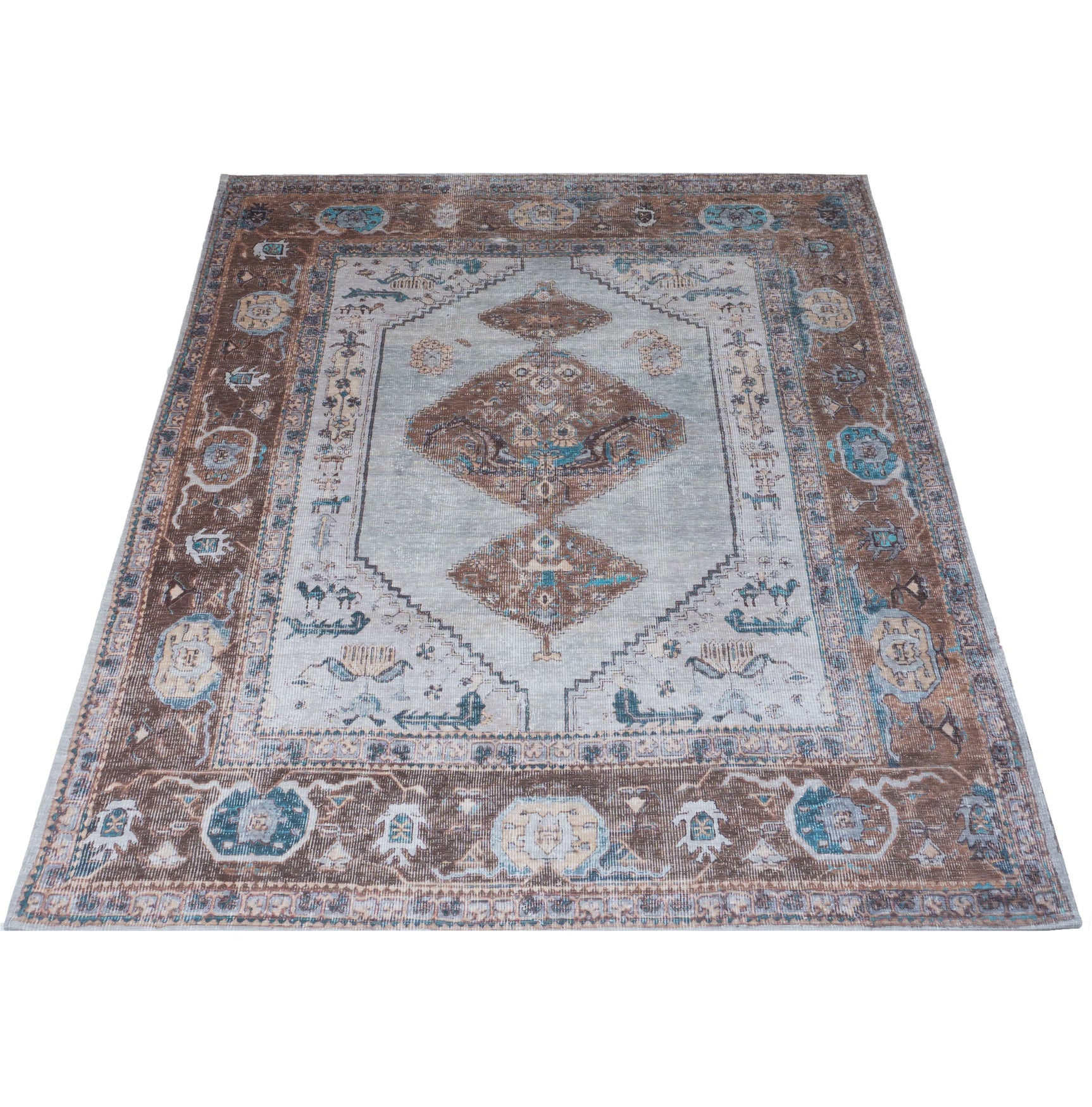 Vloerkleed met beige, blauw en bruin ruit- en medaillonpatroon, rechthoekig
