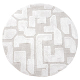 Rond vloerkleed met abstract geometrisch patroon in crème en lichtgrijs.