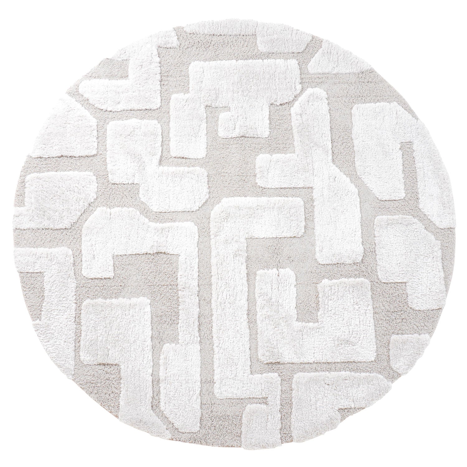 Rond vloerkleed met abstract geometrisch patroon in crème en lichtgrijs.
