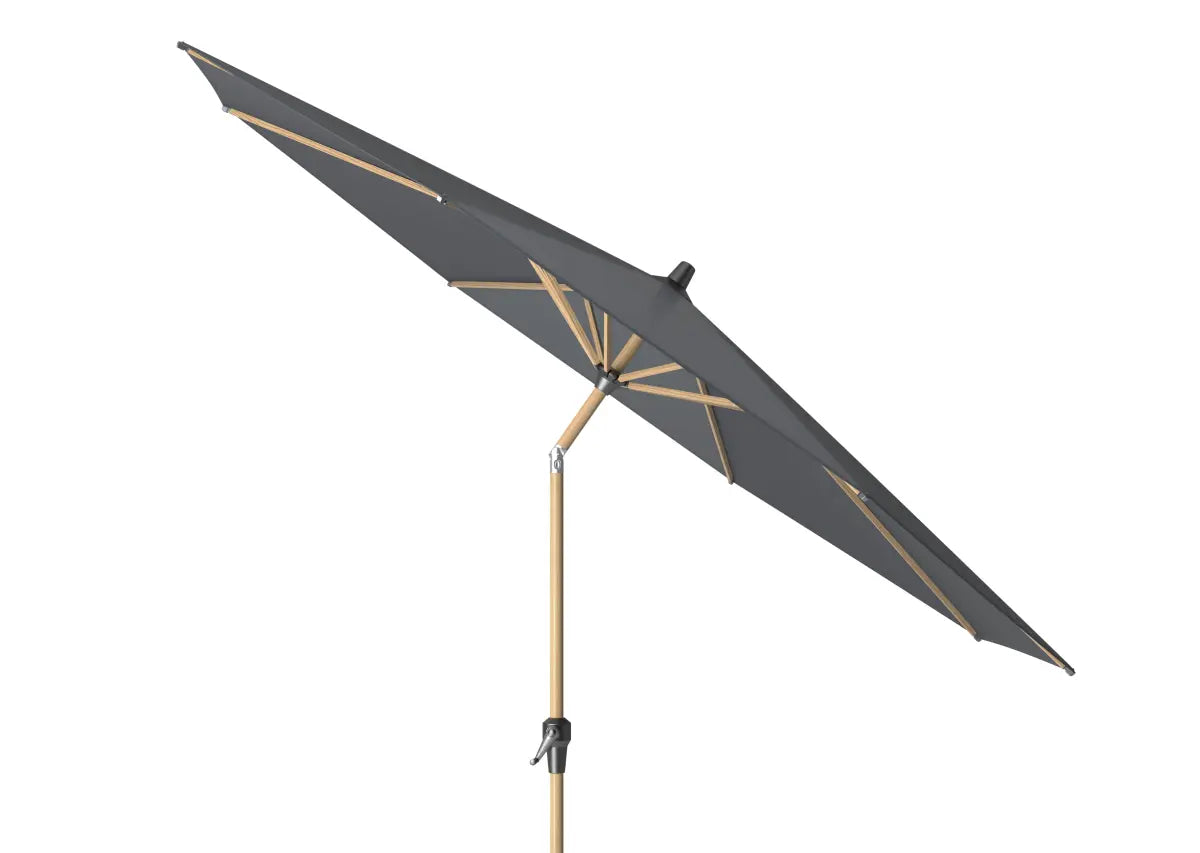 Platinum parasol met antraciet doek en teakhouten paal, scharnierend frame