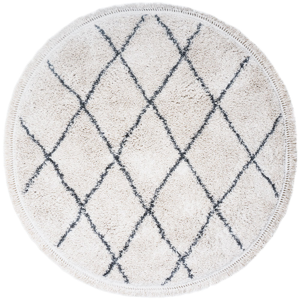 Rond vloerkleed met crèmekleurige ondergrond en blauw ruitpatroon, geschulpte poolrand