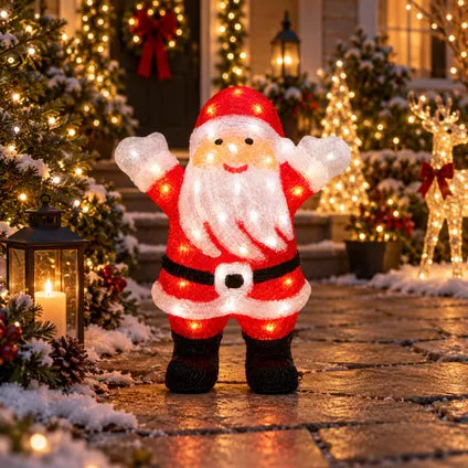 Kerstmanfiguur met ledlampjes, rode en witte jas met riem, zwarte laarzen, armen gespreid