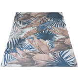 Blauw vloerkleed met palmbladmotief en beige, bruin en witte tinten
