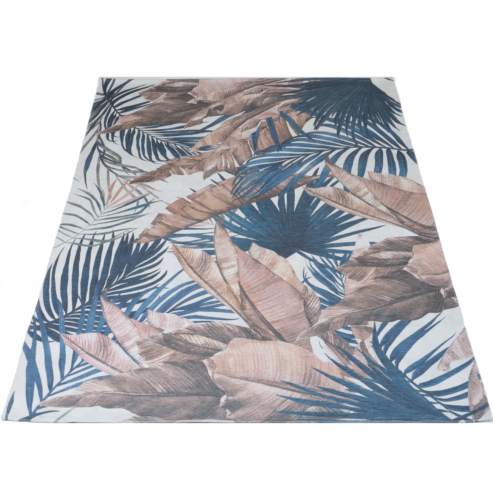 Blauw vloerkleed met palmbladmotief en beige, bruin en witte tinten