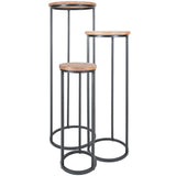 Ronde plantentafels set van 3 met bruine mangohouten bladen en zwarte metalen frames