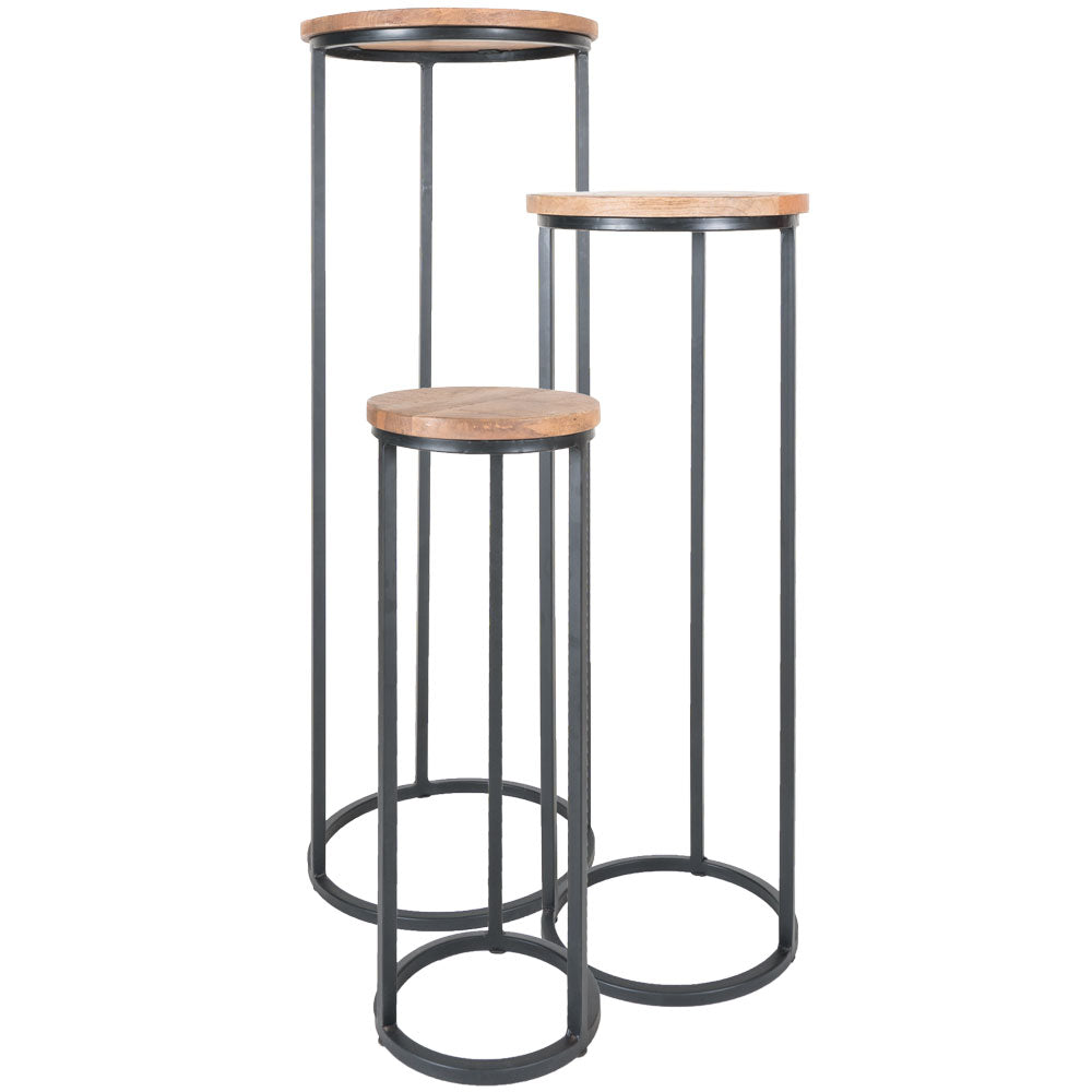 Ronde plantentafels set van 3 met bruine mangohouten bladen en zwarte metalen frames
