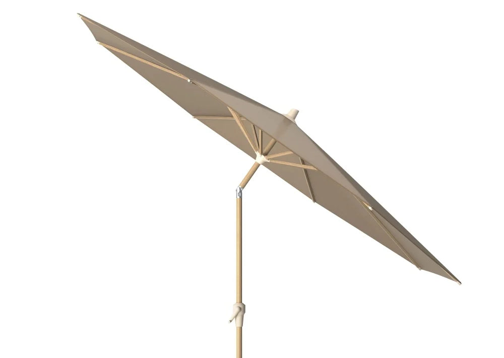 Parasol Riva, taupekleurig doek open, houten mast met steunbeugel