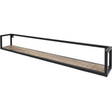 Wandplank met zwart metalen frame en licht houten plank, open schap voor wandmontage