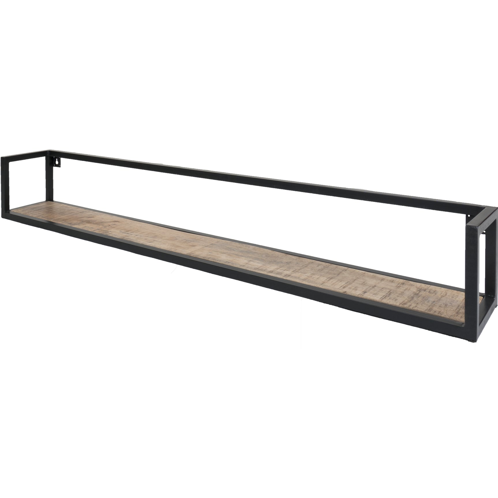 Wandplank met zwart metalen frame en licht houten plank, open schap voor wandmontage