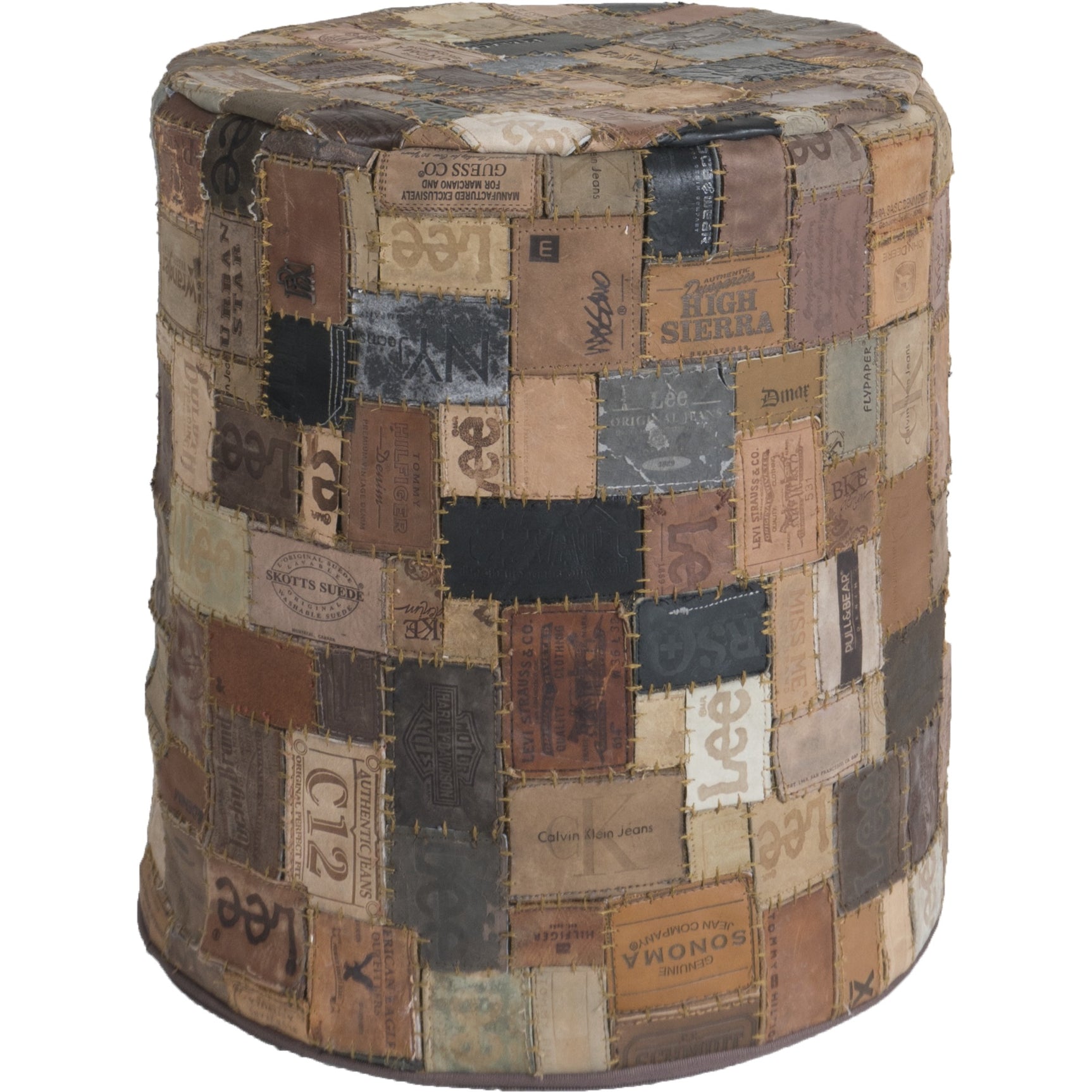 Ronde poef met patchwork van bruine en blauwe labels, ronde zitting