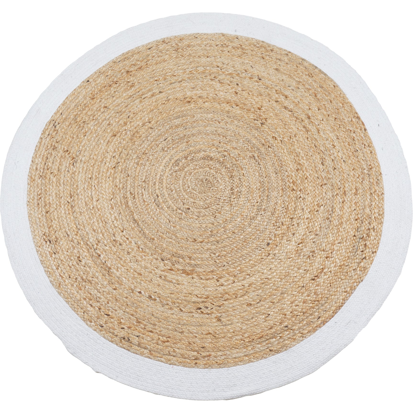 Rond jute vloerkleed, naturel met witte rand; gestippeld geweven structuur