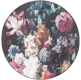 Rond vloerkleed met bloemenprint op donkere ondergrond, roze, blauw en wit