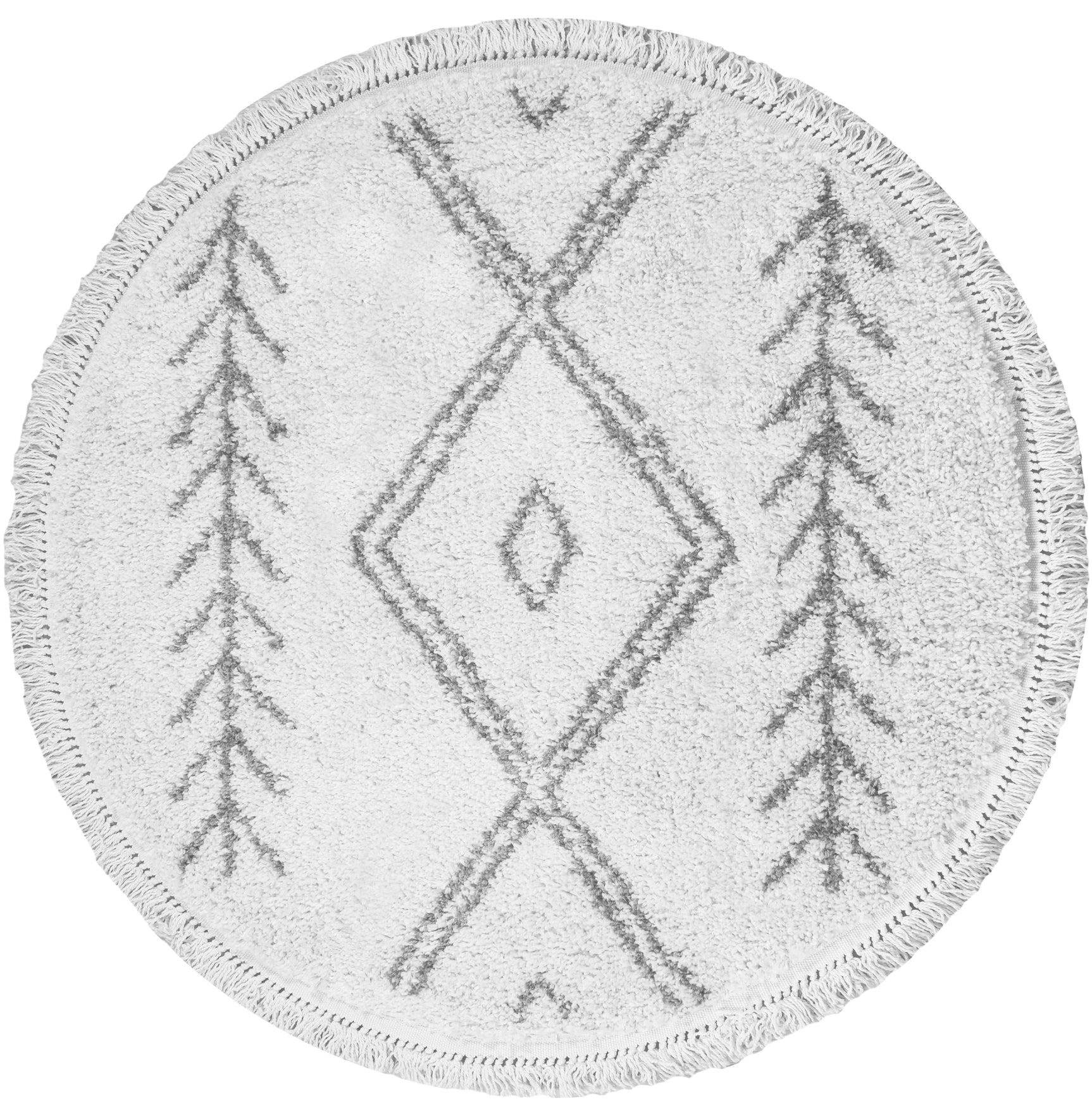 Rond vloerkleed crème met geometrische bomen en pijlen, rafelrand, ø120 cm