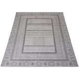Vloerkleed met grijs-wit geometrisch kaderpatroon en rand met blokken, 200x280 cm