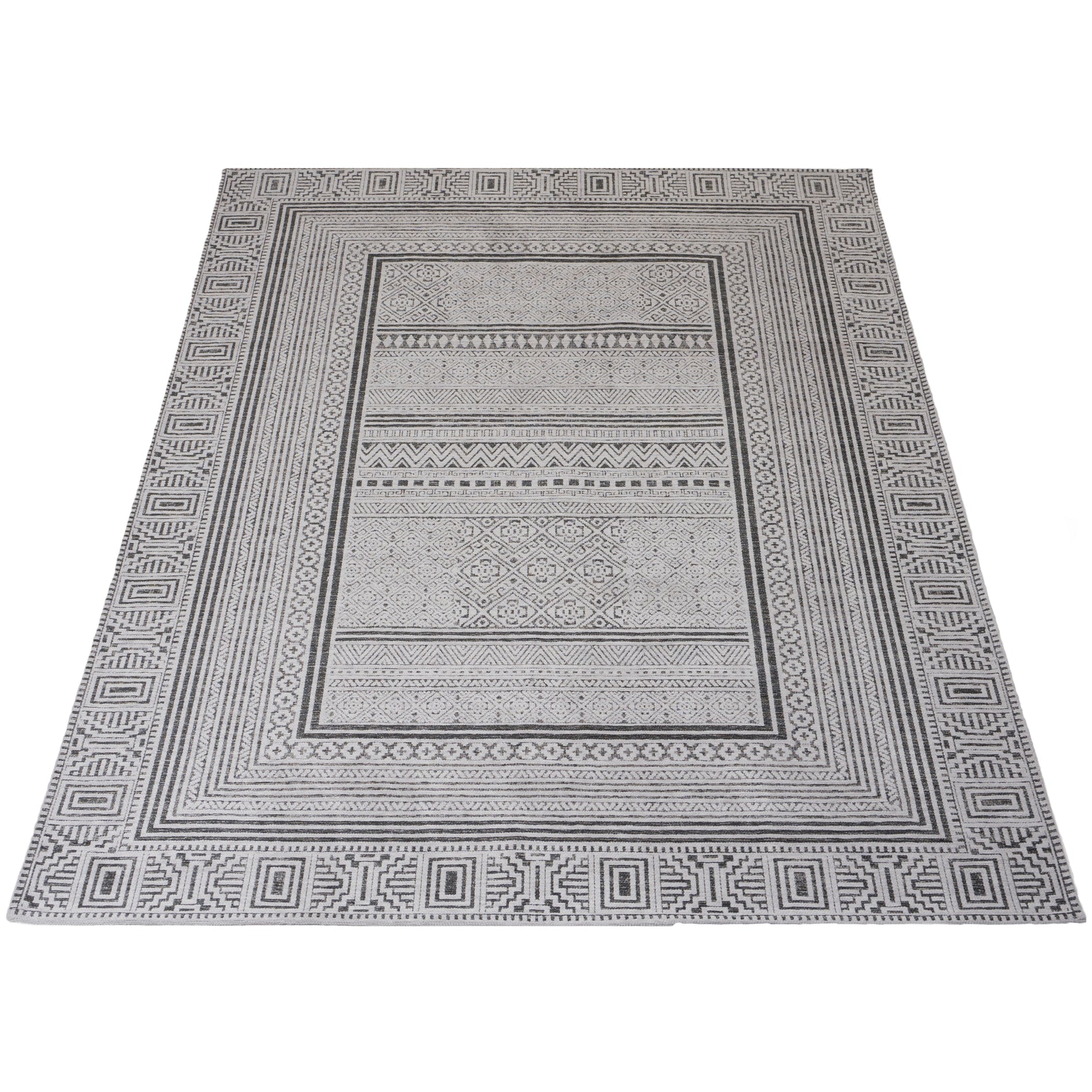 Vloerkleed met grijs-wit geometrisch kaderpatroon en rand met blokken, 200x280 cm