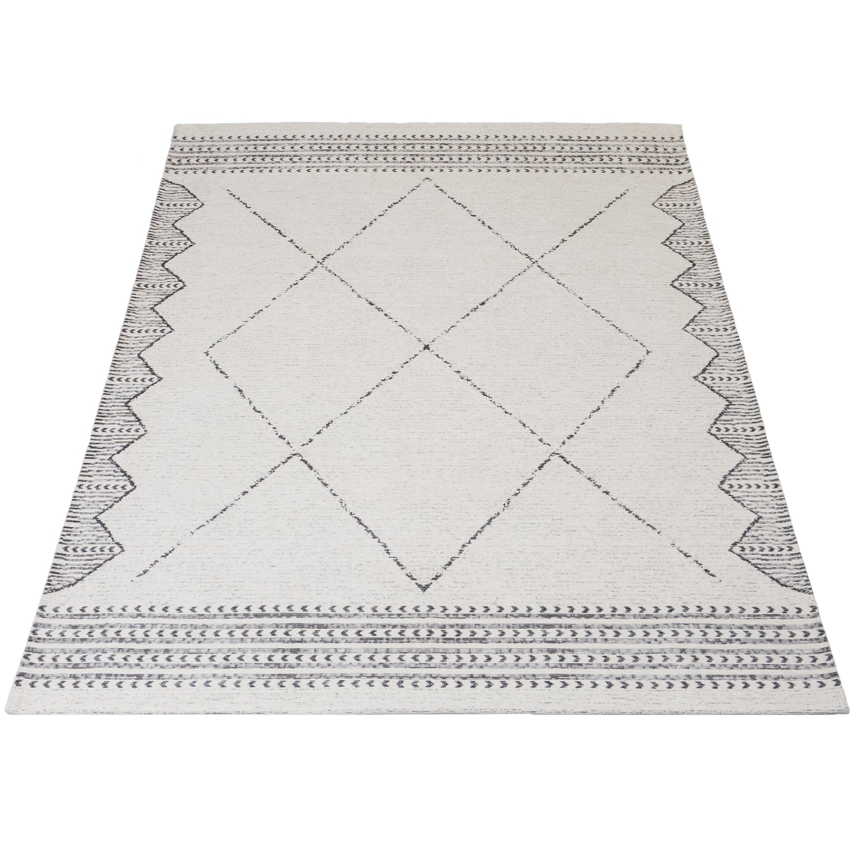 Vloerkleed in lichtgrijs met ruitpatroon en sierlijke bies langs de rand