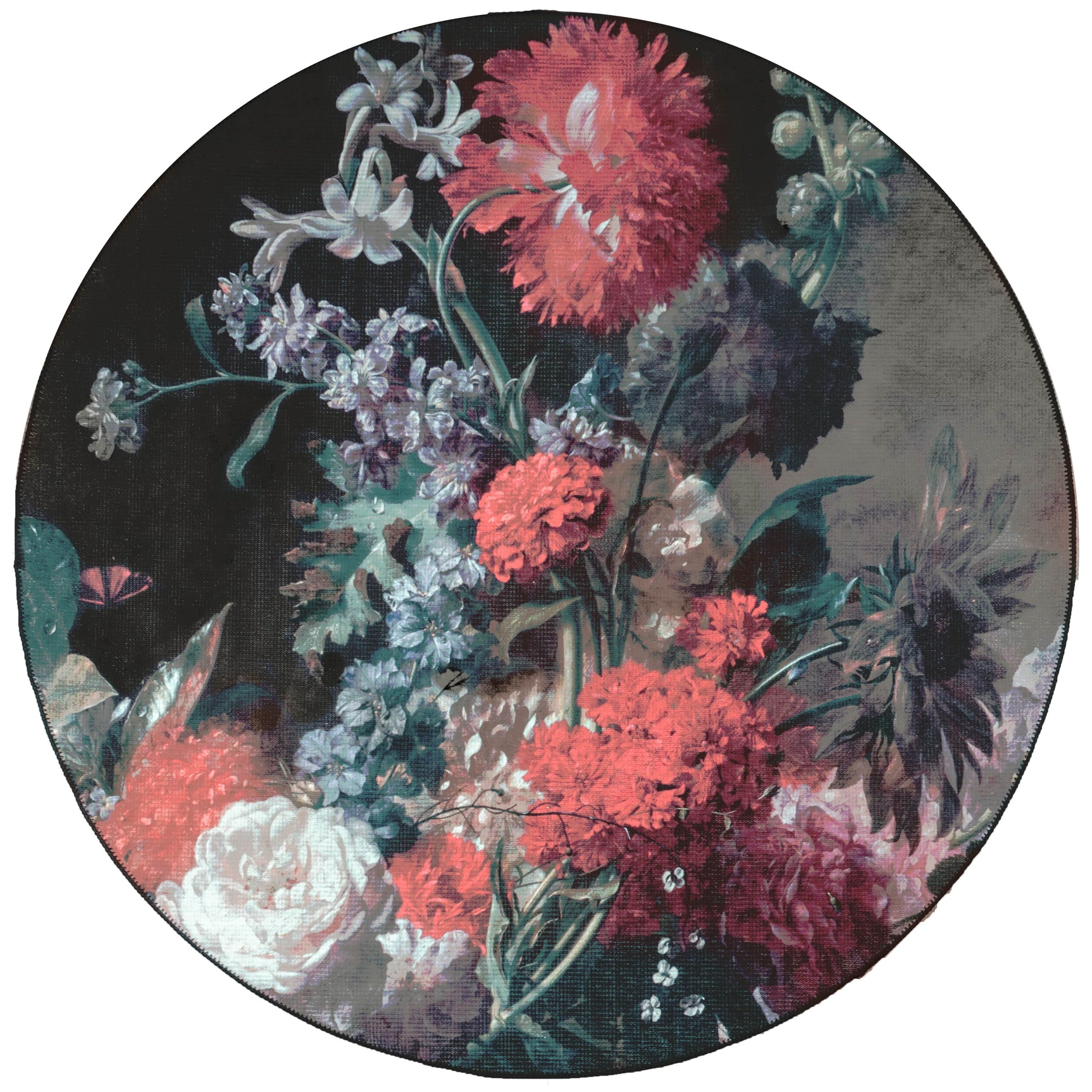 Rond vloerkleed met donkere achtergrond en kleurrijke bloemenprint, ø120 cm