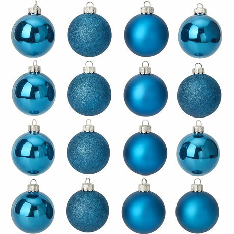 16 blauwe kunststof kerstballen met zilveren ophanghaken, deels mat glitter, deels glans