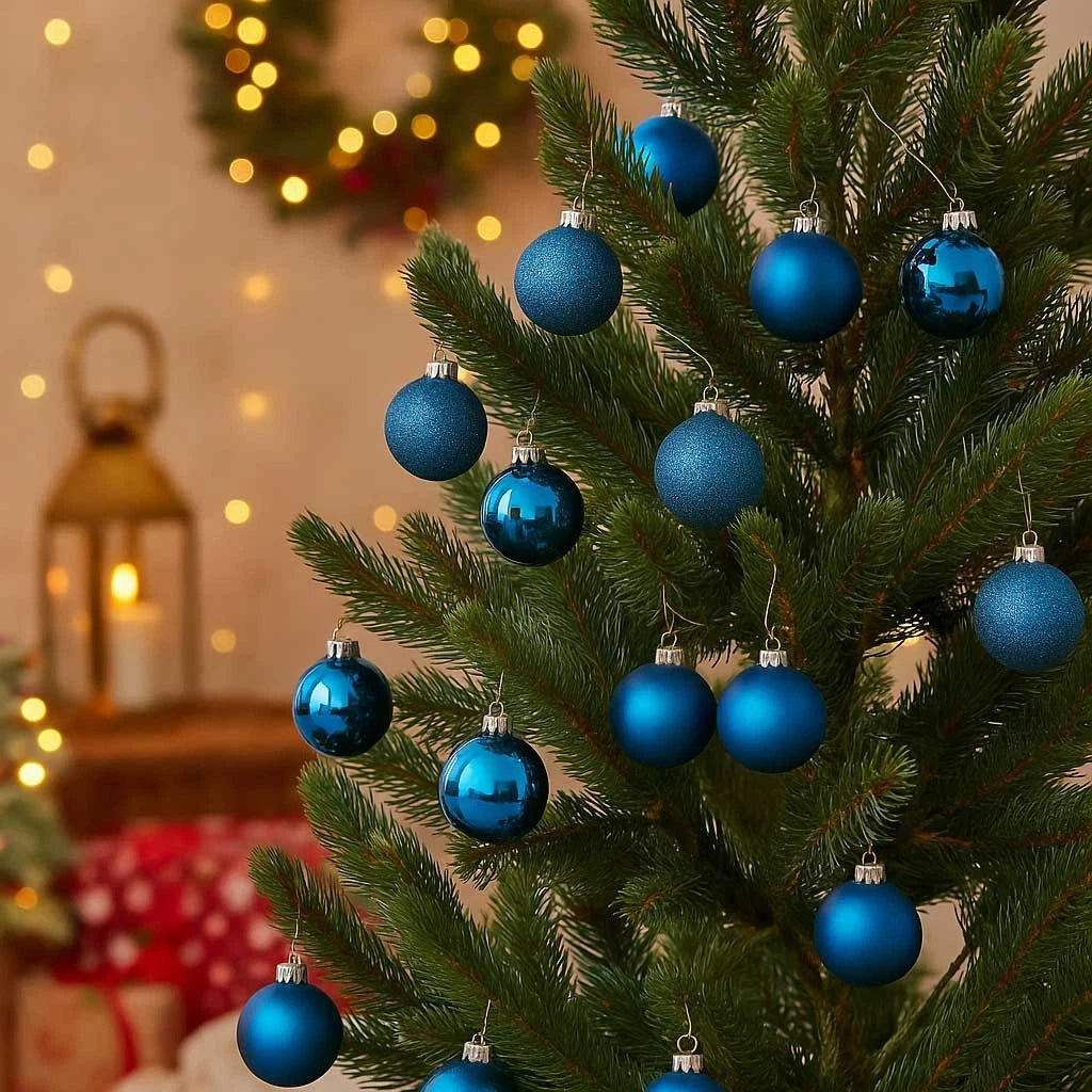 Blauwe kunststof kerstballen met zilveren ophanghaken aan een kerstboom, glans en glitter