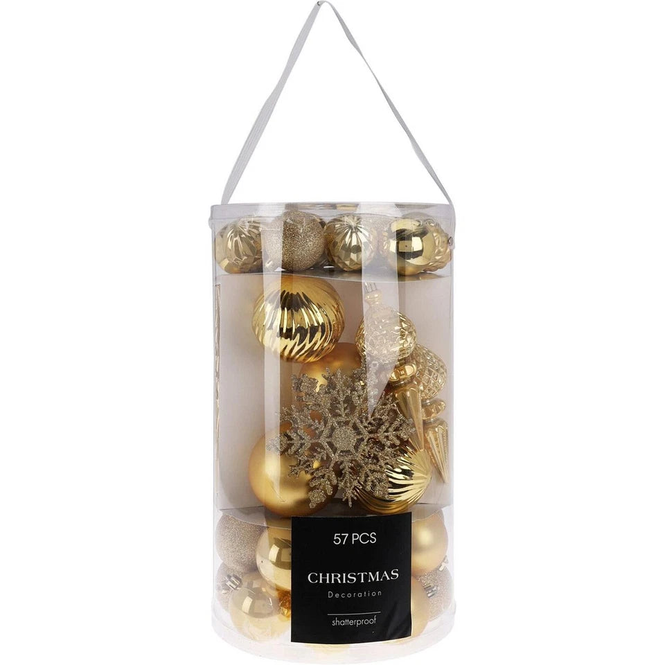 Kunststof kerstballen set met goudkleurige decorballen in doorzichtig zakje (57 stuks)