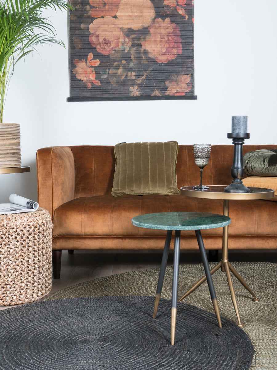 Rond donker legergroen jute vloerkleed met concentrische geweven ringen