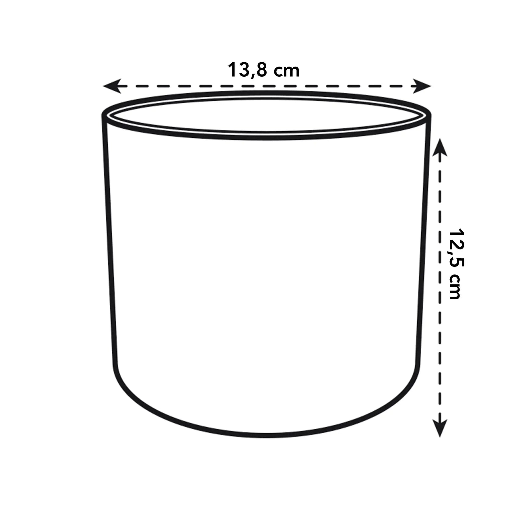 Witte ronde bloempotmaattekening: 13,8 cm diameter en 12,5 cm hoogte