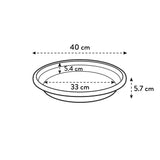 Ronde planten schotel met maatvoering: 40 cm, 33 cm, 5,7 cm hoog, 5,4 cm