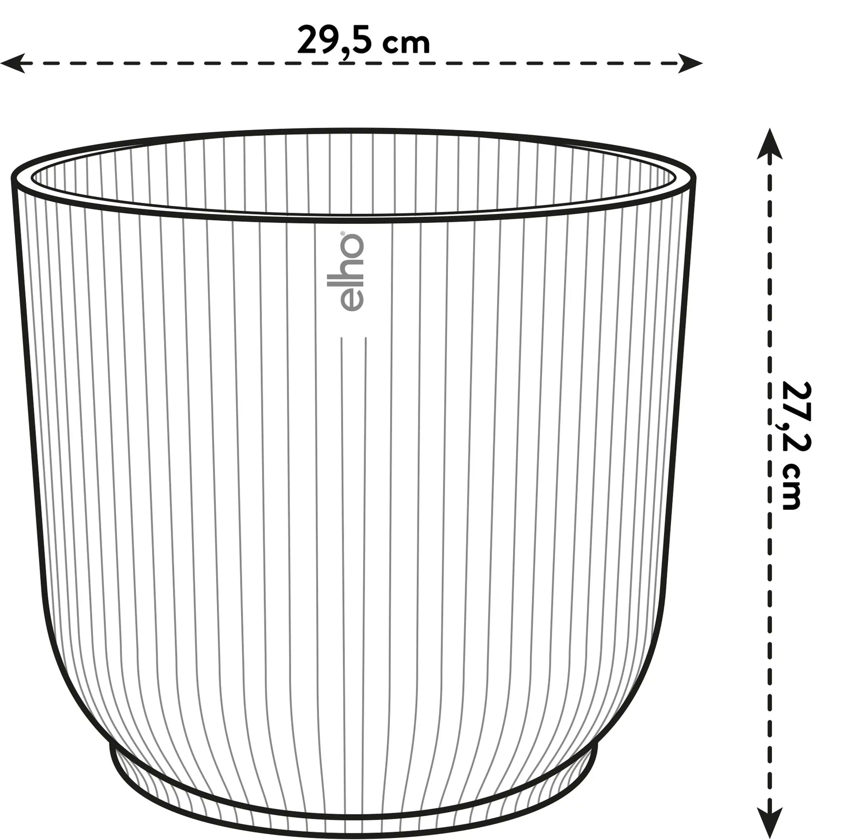 Elho plantenpot-tekening: diameter 29,5 cm en hoogte 27,2 cm.