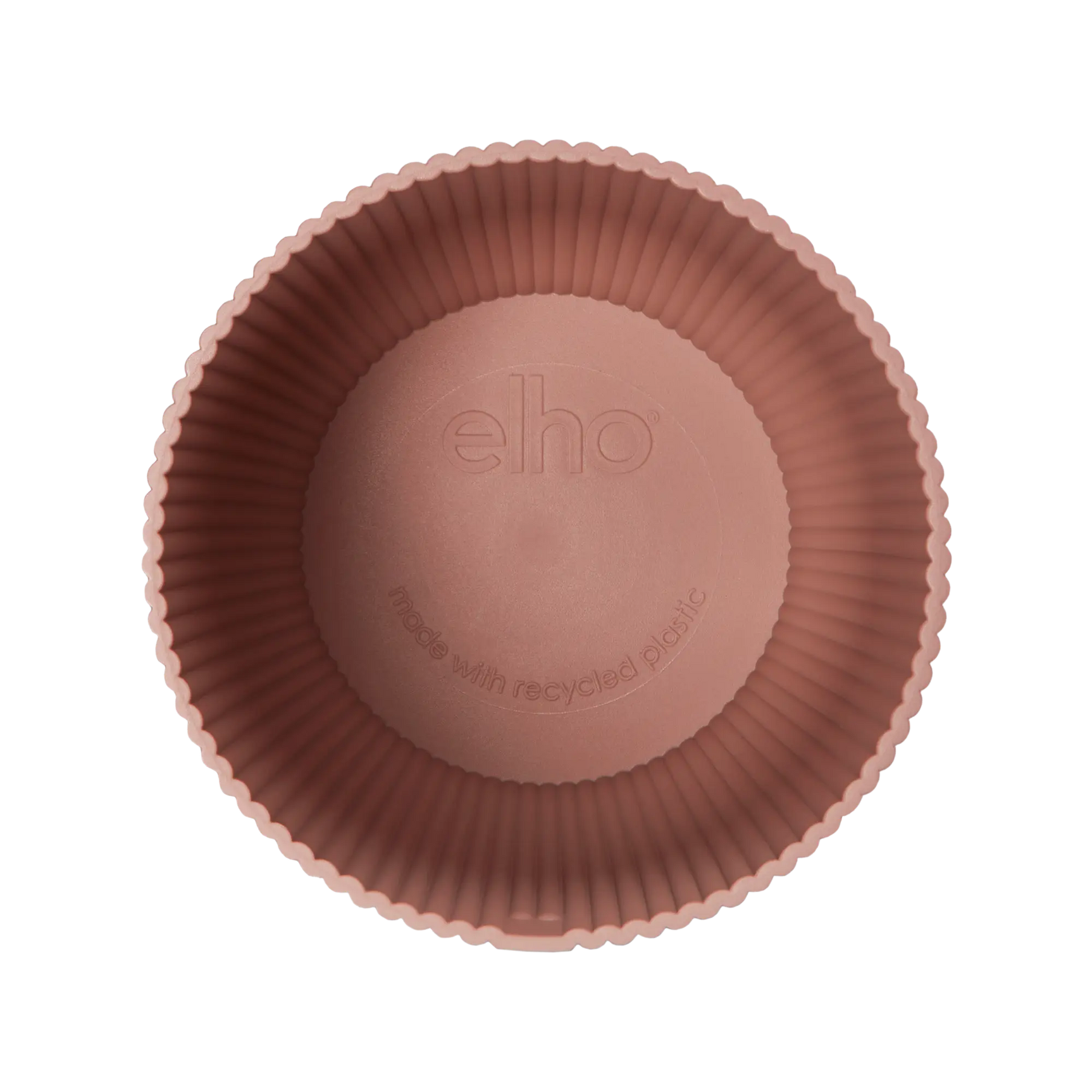 Onderkant van roze ronde pot met centraal ingedrukt elho-logo.