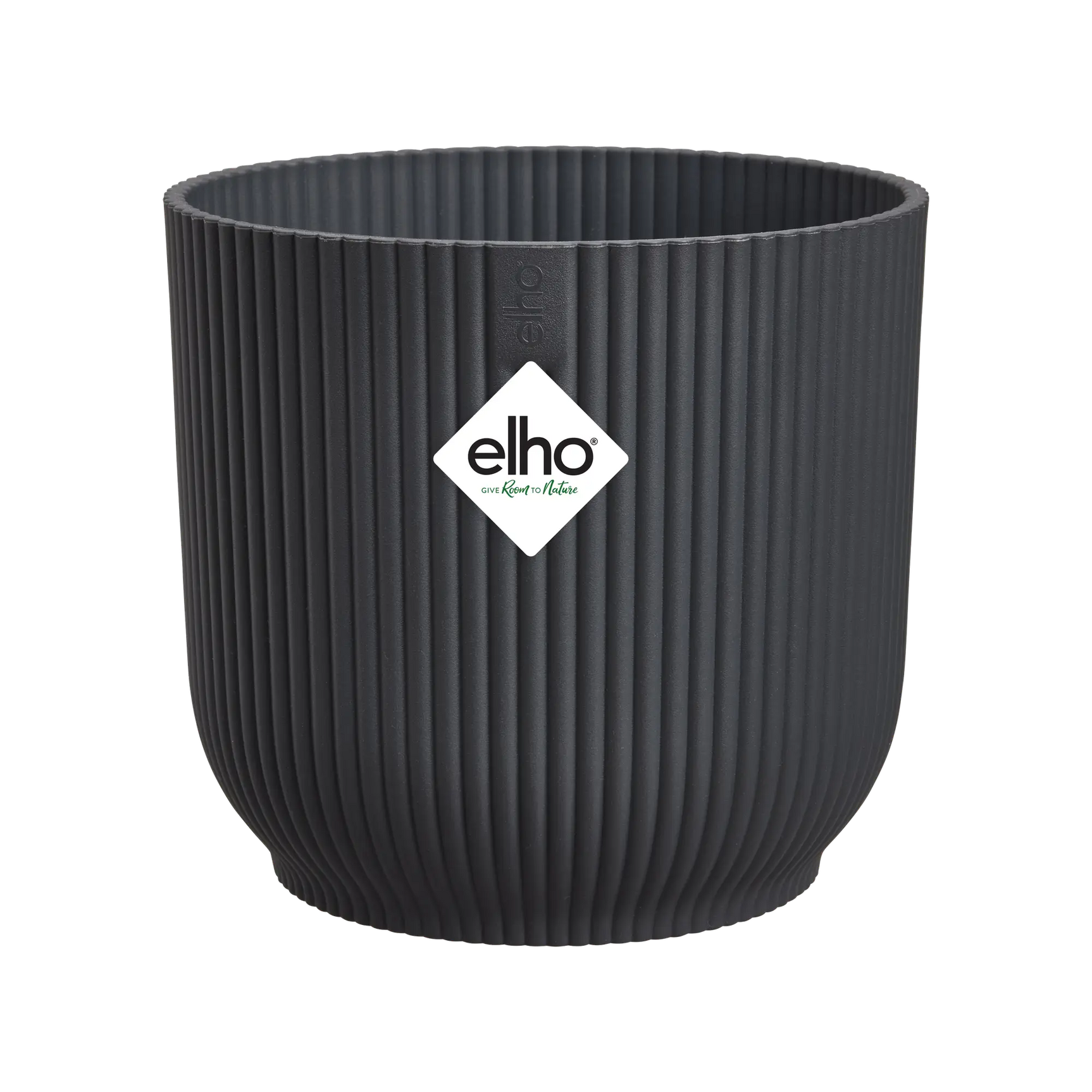 Elho ronde bloempot, antraciet, met ribbelstructuur en Elho-logo voorzijde