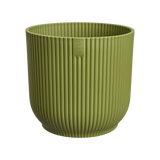 Groene ribbelpot met elho-opschrift, ronde planter met verticale ribben
