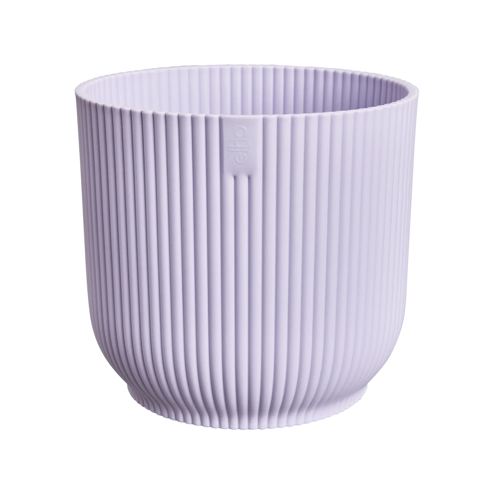 Ronde lila pot met ribbels en verticale groeven, elho-branding op de voorkant