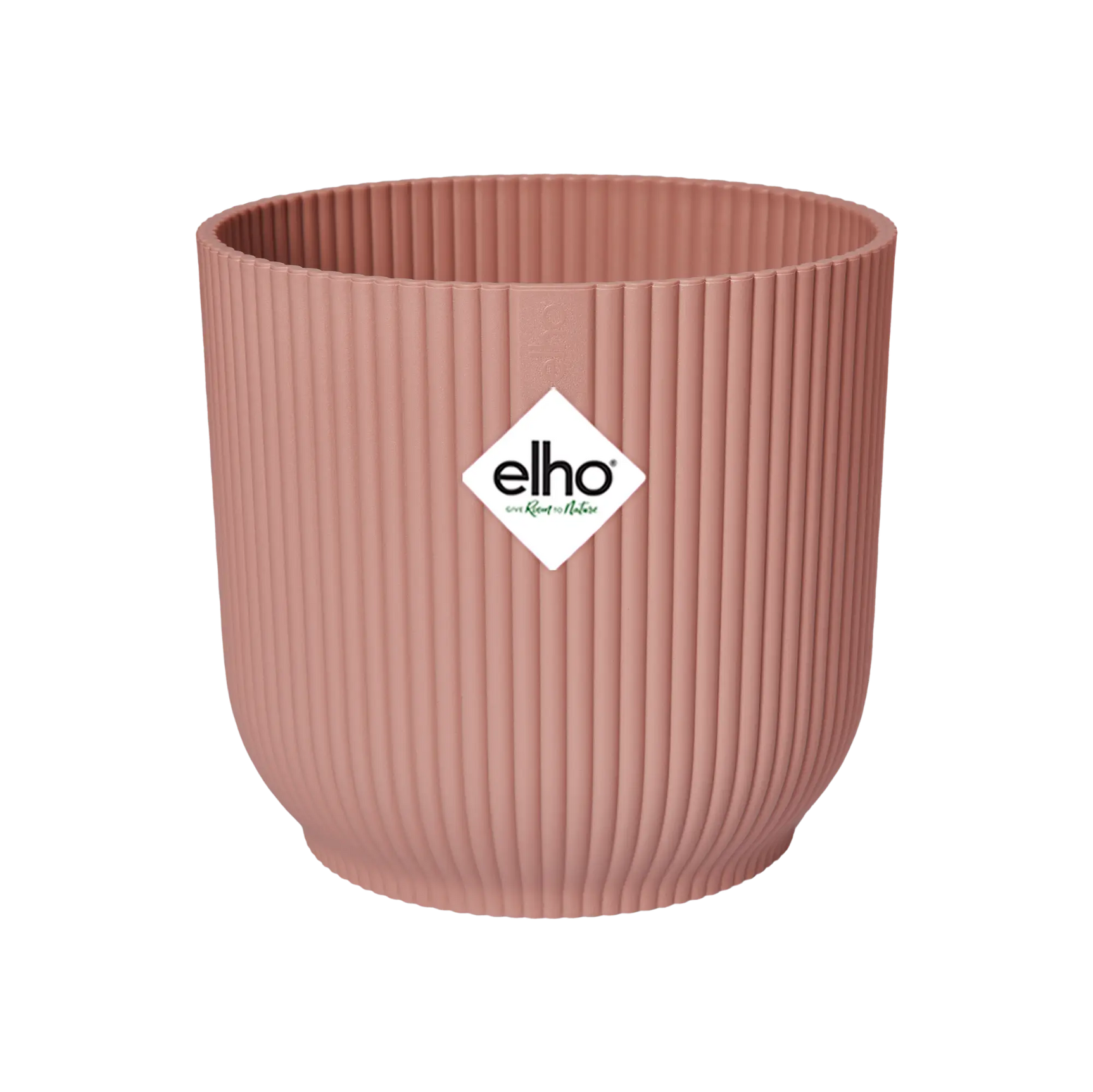 Roze ronde plantenpot met verticale ribbels en elho-logo op de voorkant