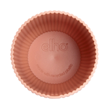 Ronde mini bloempot, delicate roze, binnenkant met elho-opdruk en tekst.
