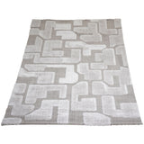 Vloerkleed met geometrisch blokpatroon, lichtbeige en grijs, korte pool.