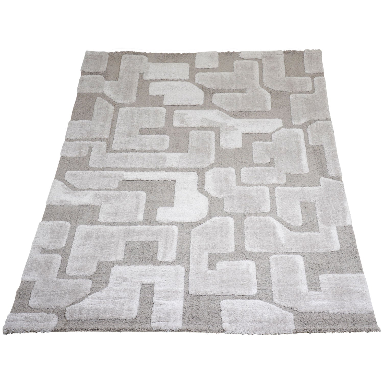 Vloerkleed met geometrisch blokpatroon, lichtbeige en grijs, korte pool.