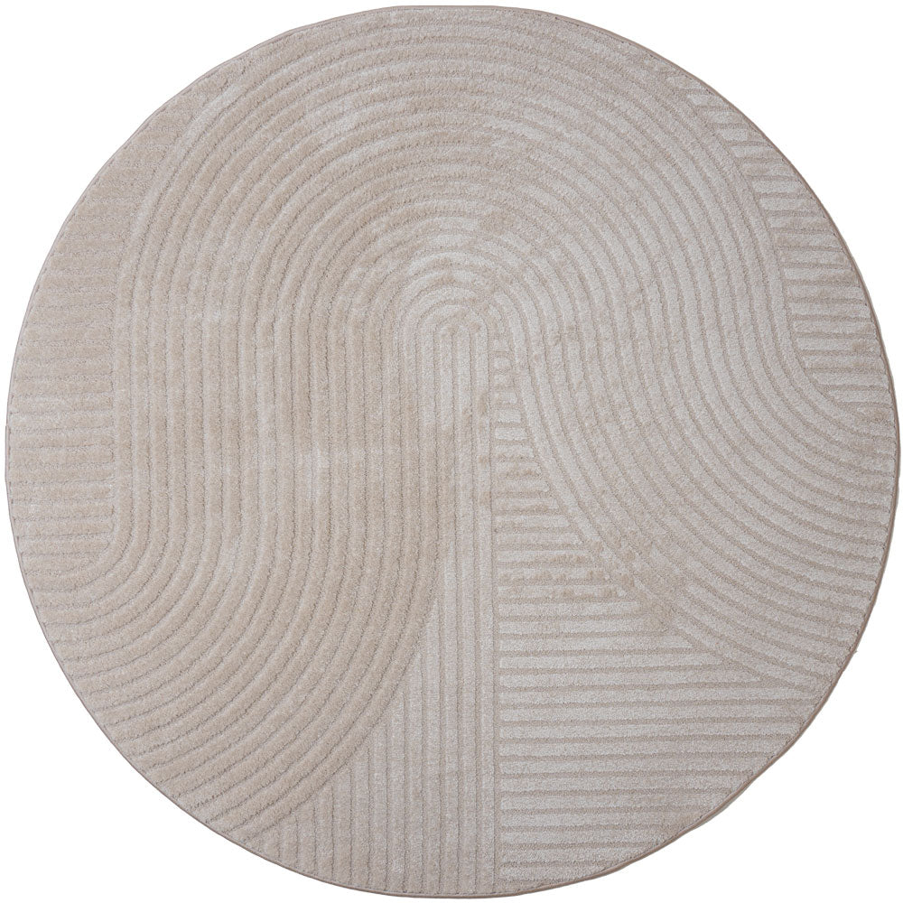 Rond beige vloerkleed met grof geweven randen en lijnmotief