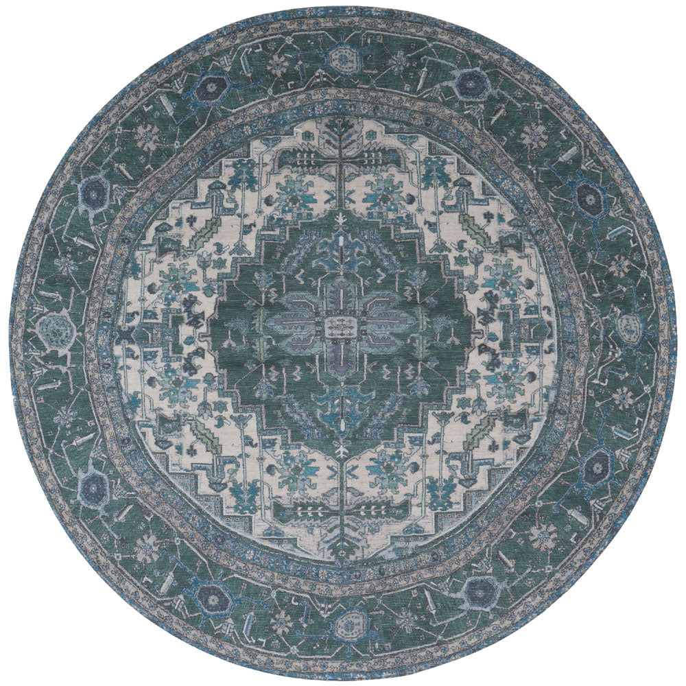 Rond vloerkleed met donkerblauwe basis, beige centraal medaillon en sierlijke randen