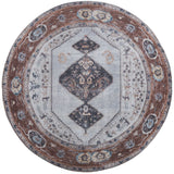 Rond vloerkleed met vintage medaillon, grijsbruin en beige, blauwe accenten, Ø200 cm.