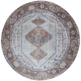 Rond vloerkleed met geometrisch boho patroon in blauw, bruin en beige, Ø120 cm.