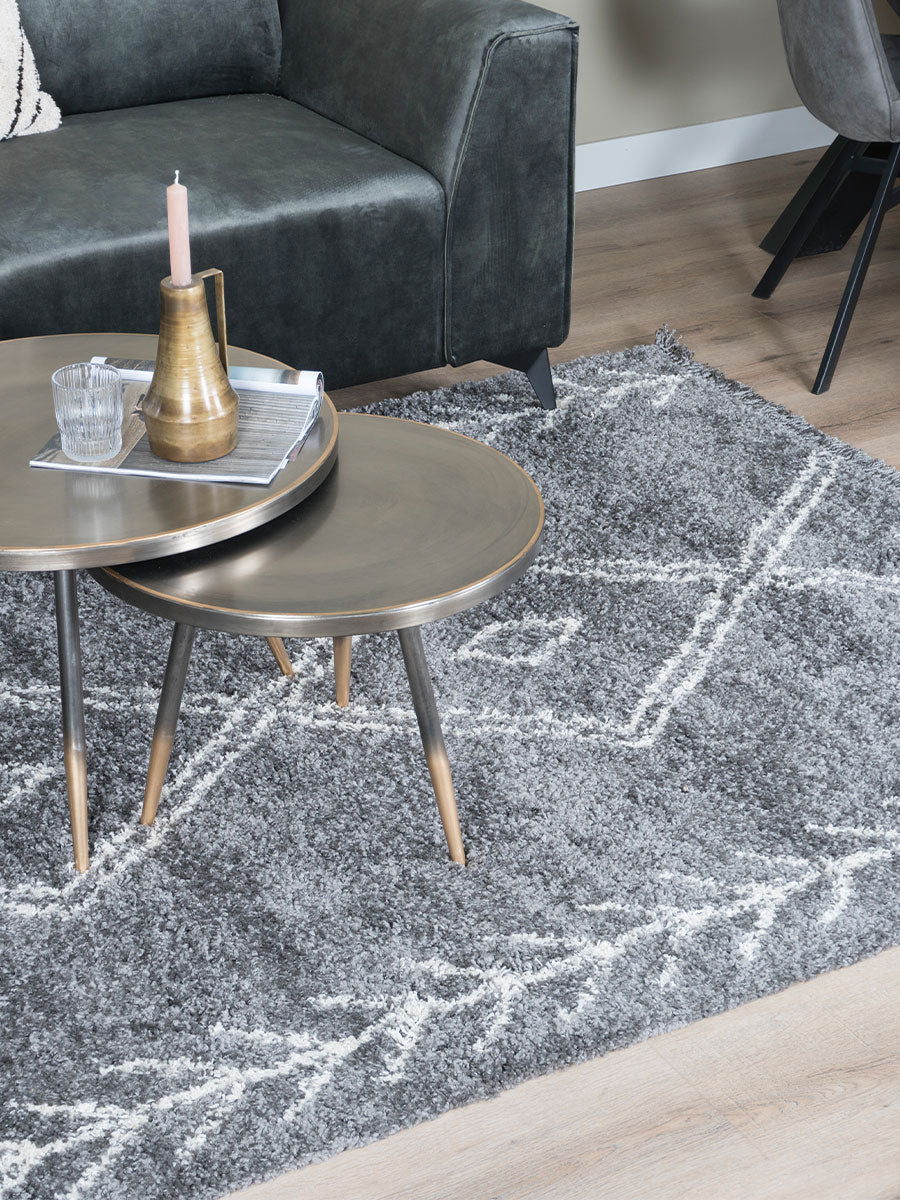 Grijs vloerkleed met abstract ruitlijnpatroon en lichtere banen