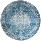Rond vloerkleed Nora met blauwgroen abstract patroon en sierlijke rand