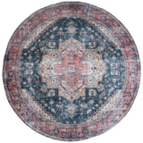 Rond vloerkleed met roodblauw abstract patroon, beige omlijning en centrale medaillon
