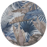 Rond vloerkleed met palmbladpatroon in blauw, beige en grijstinten, ø160 cm.